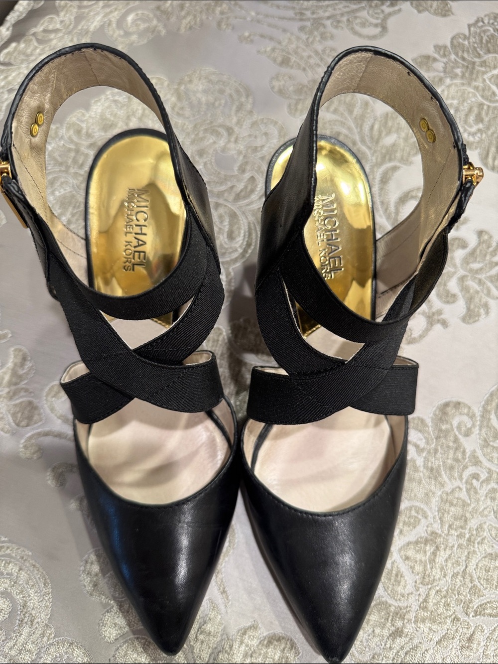 MICHAEL MICHAEL KORSBlack Pointed Toe Crisscross Strap Pumps with Gold Insole
